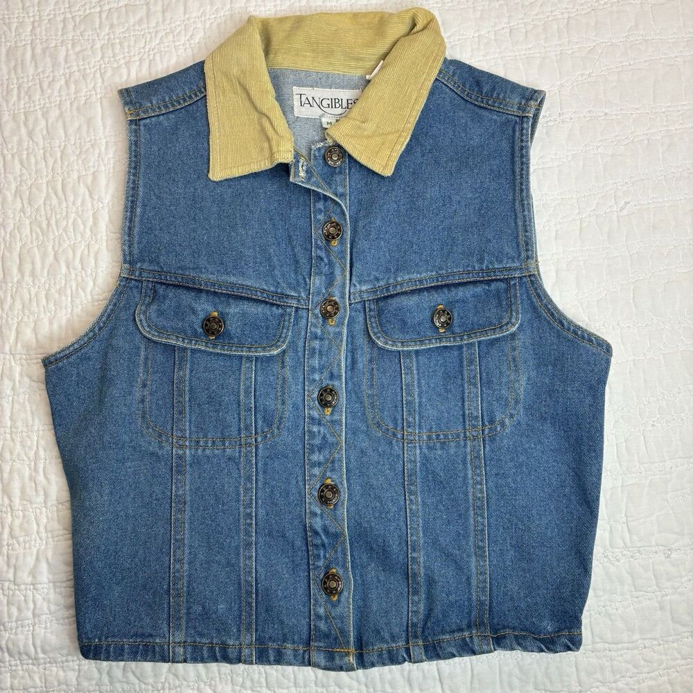 Vintage denim vest Med beige‎ corduroy collar 90's Western festival see descript